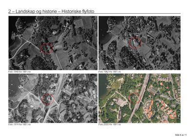 Historiske flyfoto fra 1948, 1962, 1974 og 2005 som viser utviklingen av et område over tid.