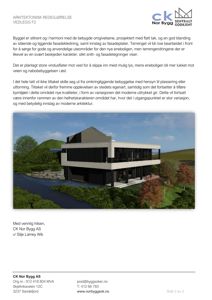 3D-visualisering av en moderne enebolig sett fra fronten, inkludert omgivende terreng og vegetasjon.