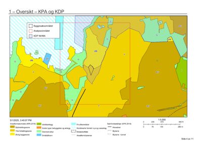 Kart over et bygningsområde med arealbruksinndeling (KPA 2018) og overlappende analyseområder (KDP).