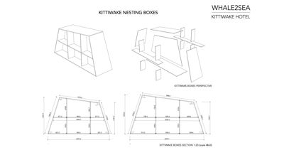Tegninger som viser konstruksjonen og dimensjonene til 'Kittiwake Nesting Boxes' (fugleboliger). Bildet inneholder perspektivtegning, oppriss (section) og detaljerte mål.