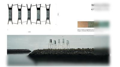 Bildet viser en fasadetegning (opprikk) av en bygning kalt 'Kittiwake Hotel' (Whale2Sea). Tegningen illustrerer en unik struktur med fem vertikale elementer, og inkluderer en tekstbeskrivelse som foreslår kobber som fasademateriale.