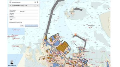 Kart over Lankanholmen i Andøy med eiendomsinformasjon og Kartverket-logo.