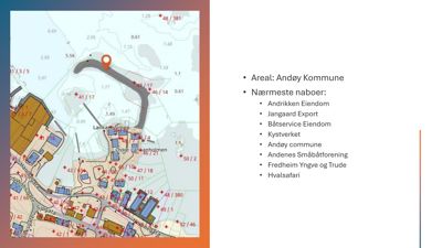 Et kart over Andøy kommune som viser eiendomsnummer, nabolag og eiendomsnavn.
