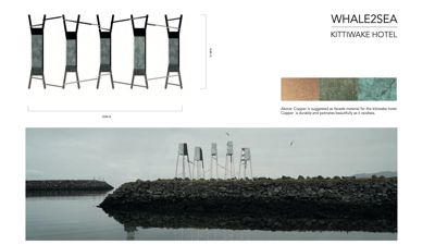Bildet viser en fasadetegning (opprikk) av en bygning kalt 'Kittiwake Hotel' (Whale2Sea). Tegningen illustrerer en unik struktur med fem vertikale elementer, og inkluderer en tekstbeskrivelse som foreslår kobber som fasademateriale.