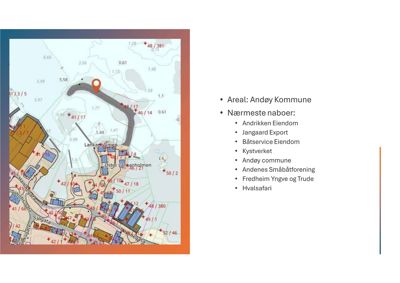 Et kart over Andøy kommune som viser et område med en markert plassering (pin) og en liste over nærmeste naboer.