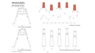 Tegning som viser detaljerte dimensjoner og konstruksjon av en ramme (ELEVATION FRAME CONSTRUCTION) og et snitt (SECTION) av en bygning.