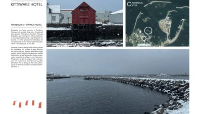 Fotografier av en havn, en bygning (kittiwake-hotel) og et kart over potensielle steder.