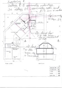 Etasjeplan (PLAN U. ETG) med romoppdeling, dimensjoner og håndskrevne notater om endringer.
