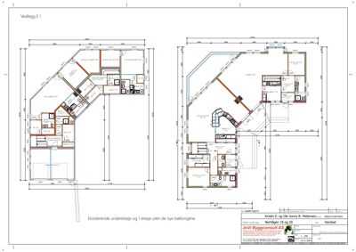 Plantegning som viser romfordeling og dimensjoner for eksisterende og nye etasjer i en bygning.