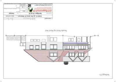 Fasadetegning som viser bygningens utseende sett fra nord og nordvest, inkludert takform, vinduer og materialer.