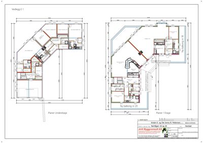 Plantegning som viser romfordeling og dimensjoner for etasjene 1 og underetasjen i en bolig.
