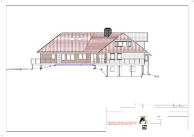 Fasadetegning (opprikk) av en bolig sett fra sør, med tegning av tak, vegger, vinduer og grunnmur.