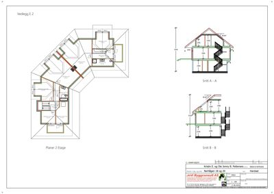 Etasjeplan (Planer 2 Etasje) med tilhørende snittegninger (Snitt A-A og Snitt B-B) for en bygning.