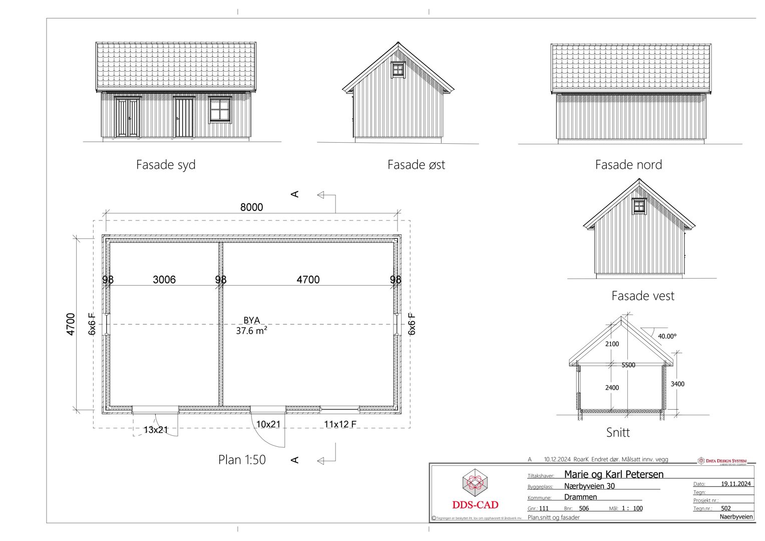 Bildet viser en tegning med både etasjeplan (Plan 1:50) og fasade/snittvisninger, men hovedfokus er på romfordeling og mål.