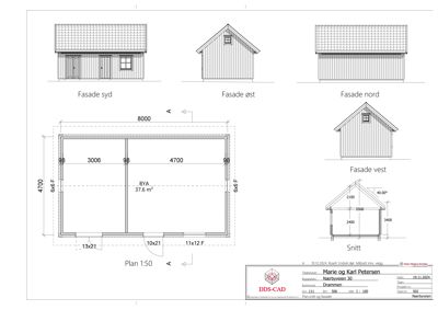 Bildet viser en tegning med både etasjeplan (Plan 1:50) og fasade/snittvisninger, men hovedfokus er på romfordeling og mål.