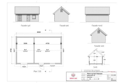 Etasjeplan (Plan 1:50) som viser romfordeling, mål og areal for en bolig.