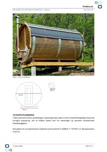 Fotografi av en rund badstue i et naturskjønt miljø, inkludert dimensjonerte tegninger under bildet.