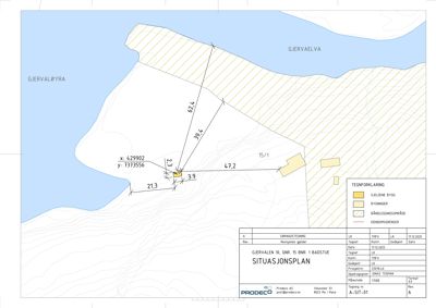Situasjonsplan som viser tomtens grenser, nabotomter, eksisterende bygninger og topografi.