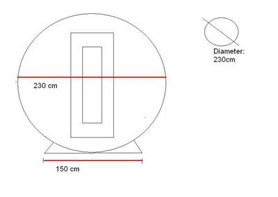 En teknisk detaljtegning som viser dimensjoner (230 cm diameter, 150 cm bredde) og form for en rund konstruksjon eller gjenstand.
