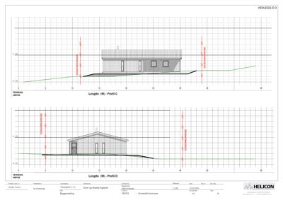 Snittegning som viser terrengprofil og bygningens høyde i forhold til terrenget (Profil C og Profil D).