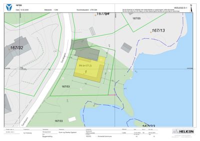 Situasjonsplan som viser tomtens grenser, nabotomter, veier og bygningens plassering.
