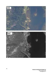 Bildet viser to flyfoto (fra 2005 og 1987) av et kystområde, som brukes til å vise endringer i terrenget eller bebyggelsen over tid.