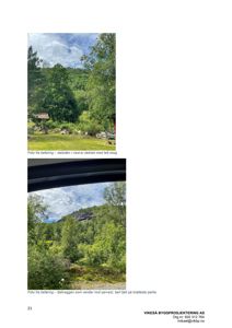 To fotografier som viser befaring (topografi) på et byggeområde, inkludert skog og fjell.