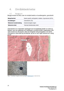 Geologisk berggrunnskart og bergartskart (granodioritt) fra NGU, inkludert en fotografisk illustrasjon av bergarten.