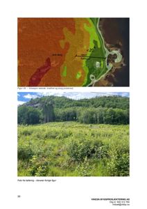 Bildet viser en fotorealistisk situasjonsanalyse med en kartografisk oversikt over terrengform (fargekoding for skog, bratthet og flatthugd) over en fargefotografi av det faktiske terrenget.