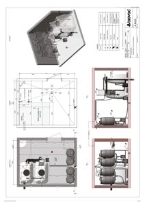 Teknisk tegning som viser detaljert oppsett av en varmeanlegg med beholdere, rør og dimensjoner.