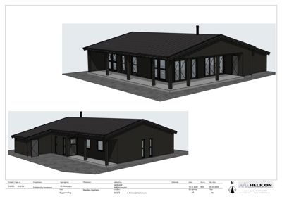 3D-visualisering av en planlagt bygning sett fra to ulike vinkler.