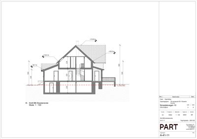 Snittegning (B-snitt) av eksisterende bygning som viser høyder, romfordeling og konstruksjon.