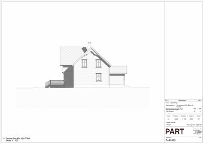 Fasadetegning som viser bygningens utseende fra en bestemt vinkel, inkludert takform, vinduer, balkong og garasje.