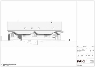 Fasadetegning som viser bygningens utseende sett fra nord-øst (eksisterende tilstand).