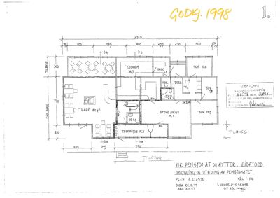 Etasjeplan (1. etasje) for ombygging og utvidelse av et pensjonat i Eidfjord. Tegningen viser romfordeling, dimensjoner og arealoppdelinger.