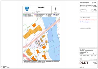 Grunnkart som viser eiendomsgrenser, bebyggelse, veiavstander og tomteareal for Simadalsvegen 10.