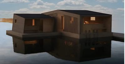 3D-visualisering av en moderne, fleretasjers bygning plassert på vannet, med lys innendørs og refleksjon i vannet.