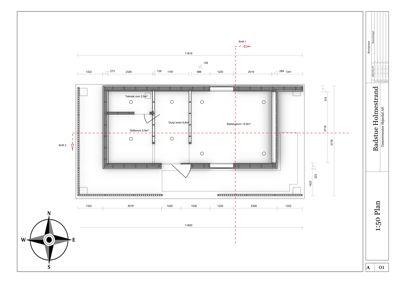 Etasjeplan (1:50) for en badstue som viser romfordeling, dimensjoner og orientering.