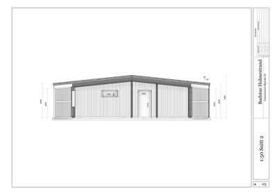 Snittegning (Snitt 2) av en bygning med angitte mål for høyder og dører.