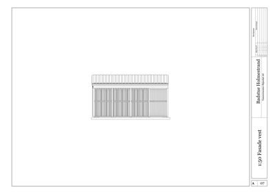 Fasadetegning av en bygning sett fra vest (vestfasade). Tegningen viser takform, vindusoppsett og fasadefasong.
