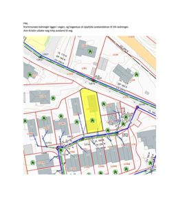 Situasjonsplan som viser tomt, naboeiendommer, kommunale ledninger og avstander til vei.