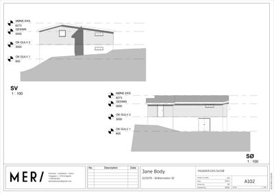 Fasadetegning som viser bygningens oppriss sett fra vest (SV) og øst (SØ), med høydeangivelser og skala.