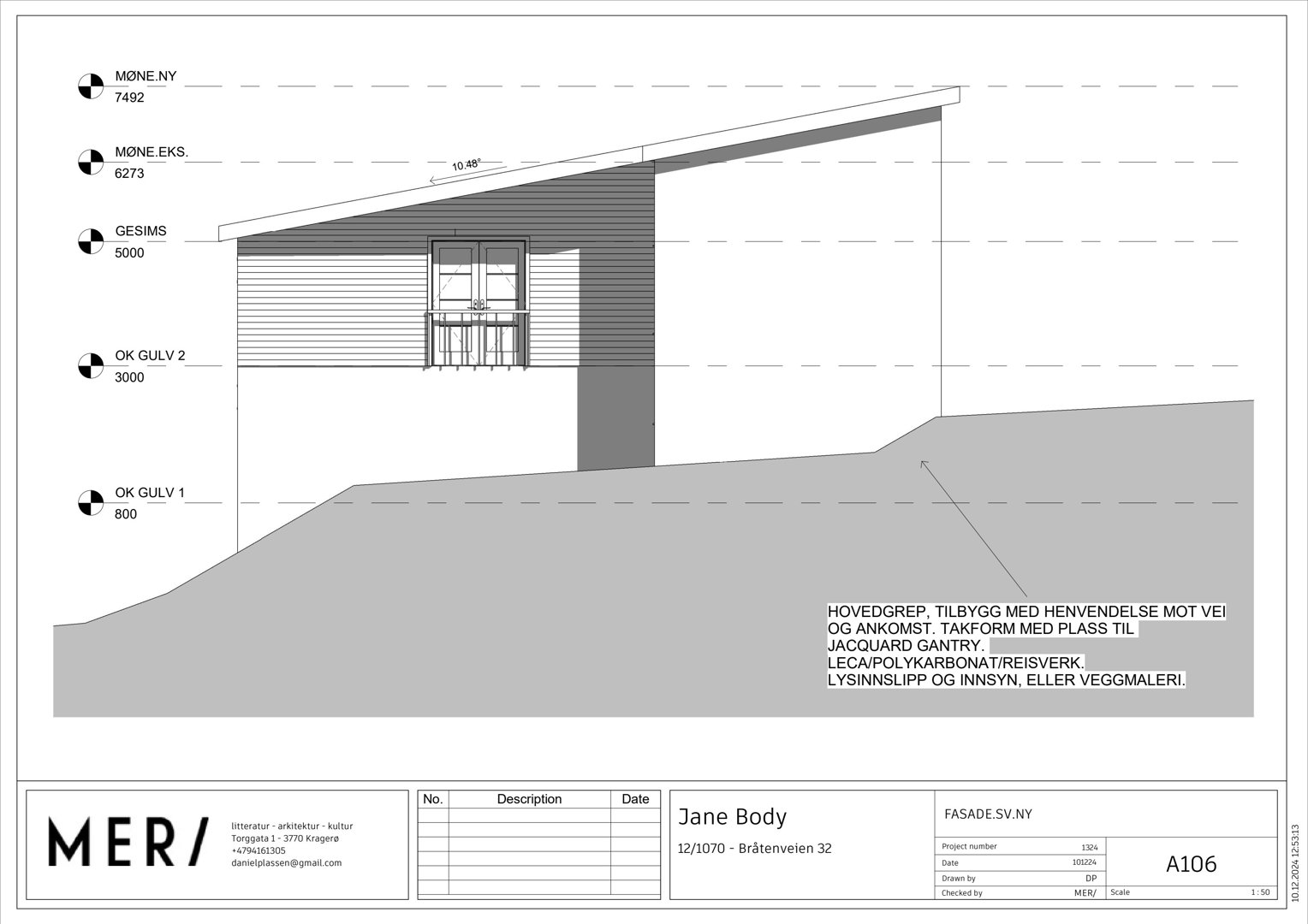 Fasadetegning som viser bygningens utvendige profil, takform, vindusoppsett og høydeangivelser (OK GULV, GESIMS).
