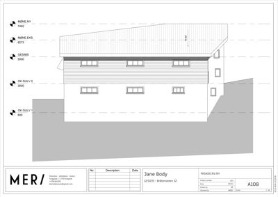 Fasadetegning som viser bygningens utseende sett fra fronten, med angitte høyder (OK GULV 1, OK GULV 2, GESIMS, MONE.EKS, MONE.NY) og takform.