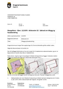 Et dokument fra Kragerø kommune som viser en situasjonsplan (tomtekart) med bygningsplassering, nabogrenser og en naboavstandstilkjenning.