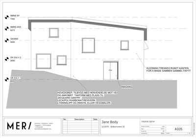 Fasadetegning som viser bygningens utseende fra sørsiden, inkludert vinduer, dør, takform og konstruksjonsdetaljer.