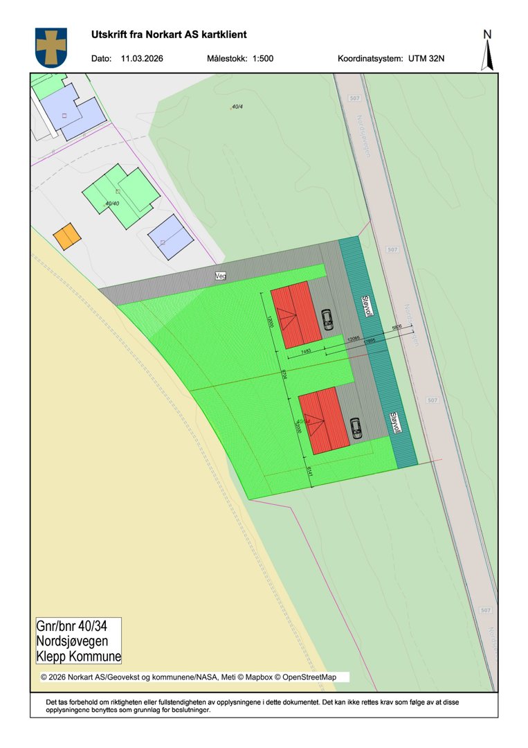 Situasjonsplan som viser tomtens form, grenser, naboeiendommer og bygningers plassering i forhold til veier og høydeforhold.