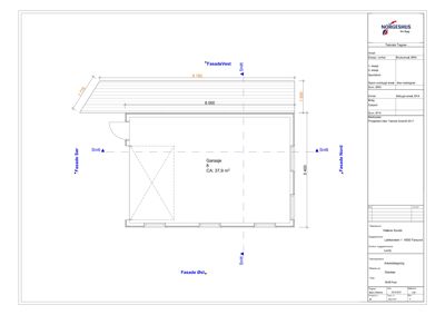 Etasjeplan for en garasje med angitte mål og orientering.