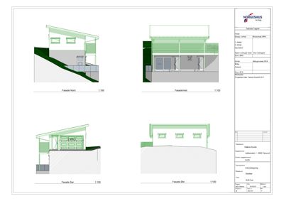 Fasadetegning som viser bygningens utseende fra fire ulike sider (Nord, Vest, Sør, Øst) med skråning.