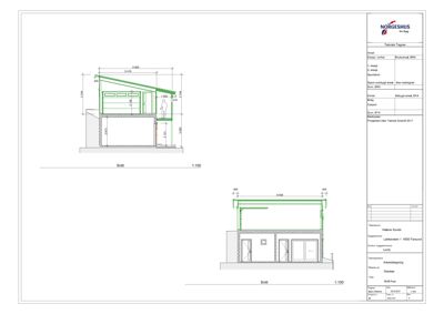 Tegning som viser tverrsnitt gjennom en bygning (Norges Hus), med mål og detaljer for tak, vegger og innvendig høyde.